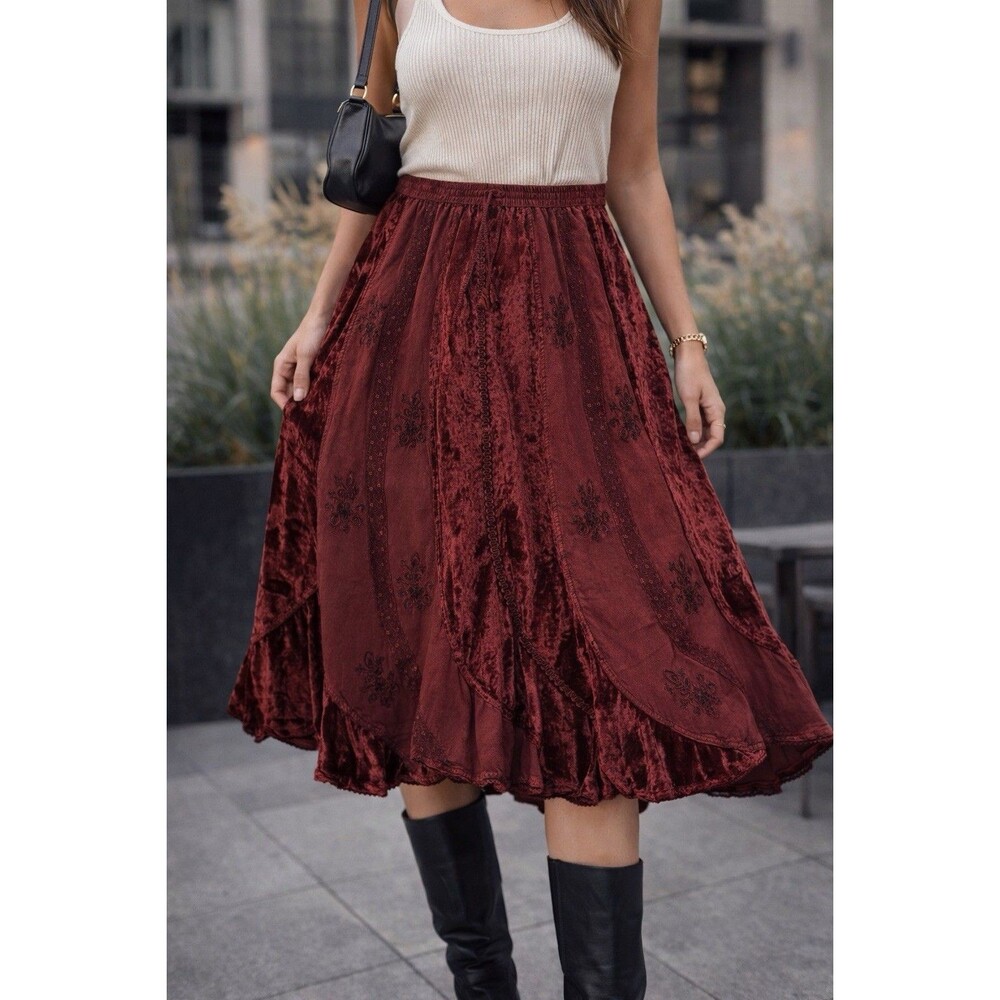 Burgundy Velvet Midi Skirt Boho Cottagecore Embroidered Tiered Flowy Women L